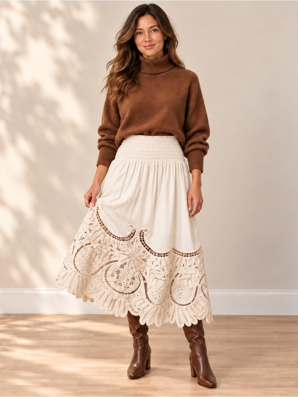 NWT Love the Label Anthropologie Cream Embroidered Lace Midi Skirt XS